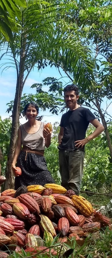 Tania Villarreal y David Coral en la cosecha de cacao de La Realidad